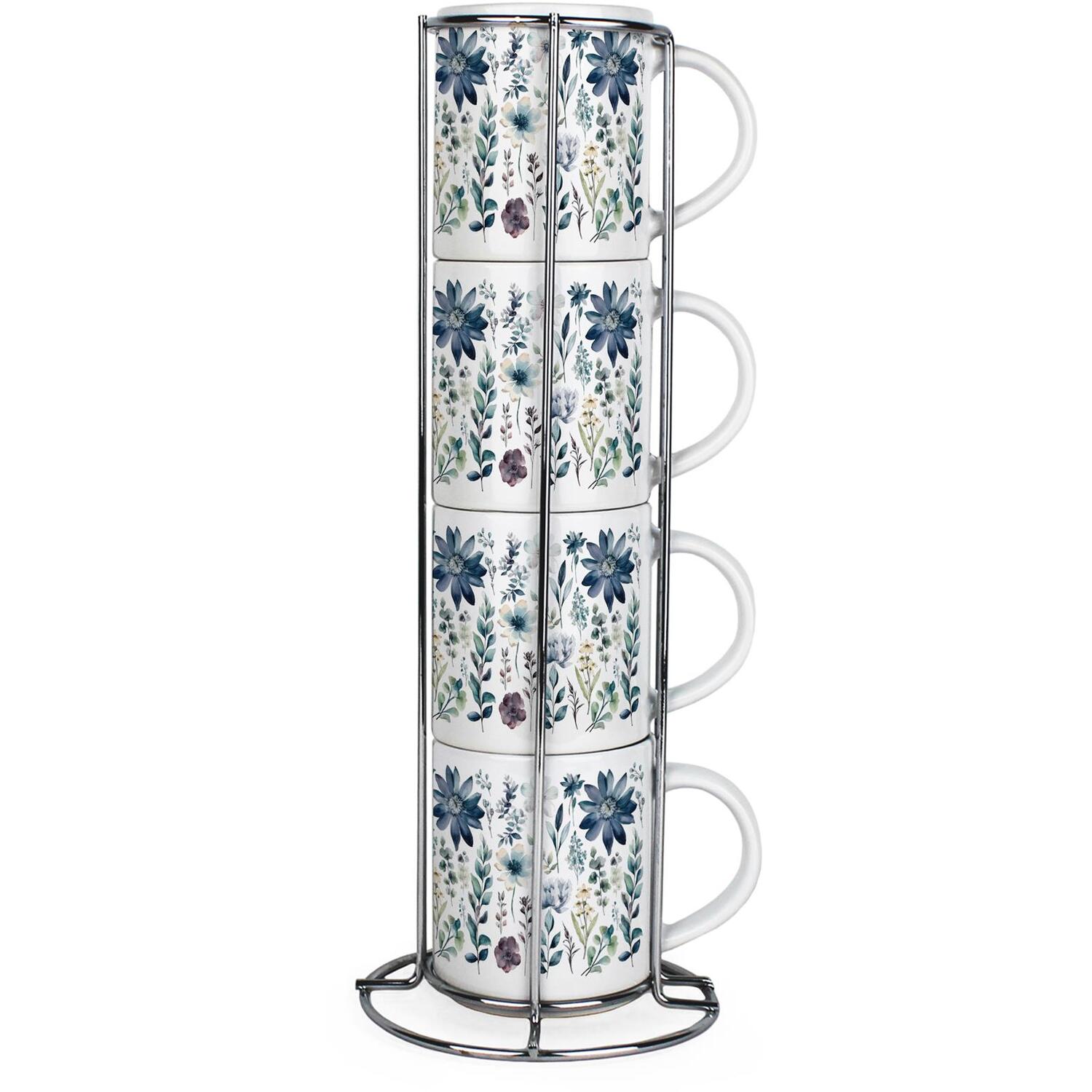 Blue Pastel Flowers Small Stacking Mugs Set - Floral Gift for Her - Set of 4 - Image 2