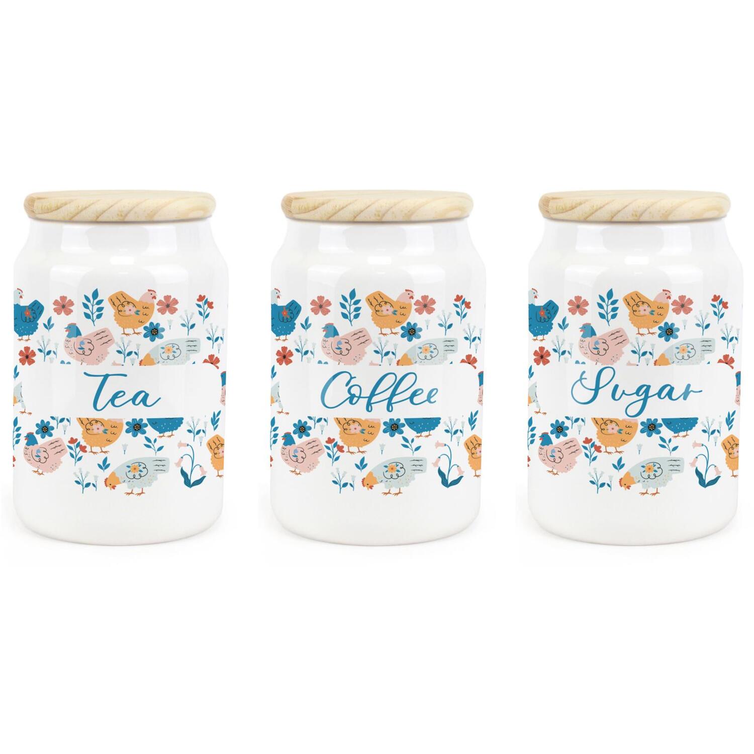 Ceramic Tapered Botanical Chickens Canisters - Tea, Coffee & Sugar Containers - Image 2
