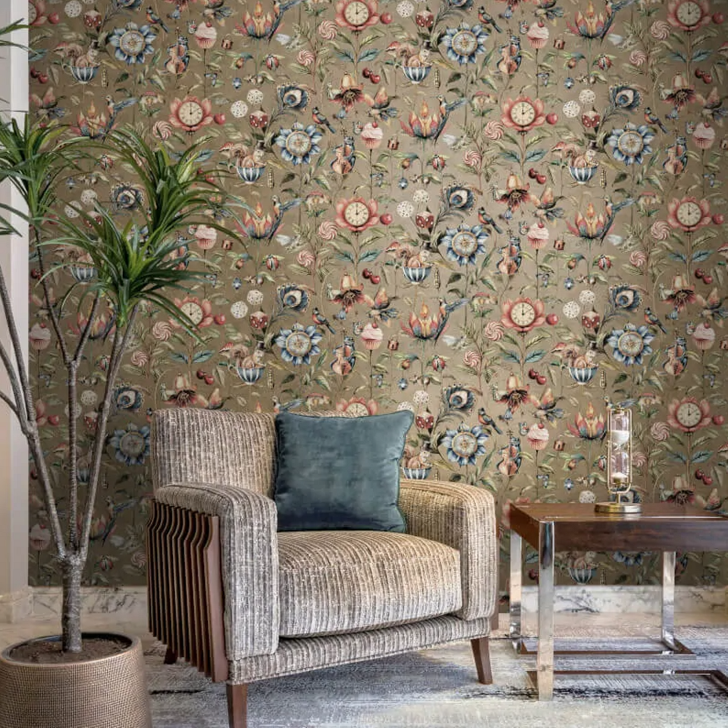 Gold Metallic Floral Wallpaper Shimmer Curious Creatures Birds Keys Dice Feature - Image 2