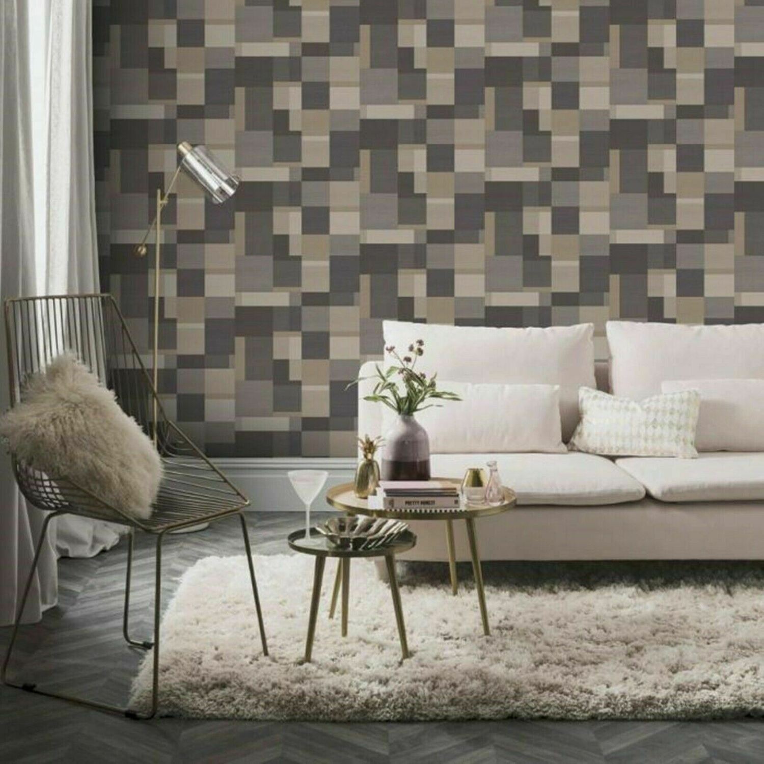 Brown Beige Cream Geometric Cube Wallpaper Paste The Wall Feature Squares SALE - Image 4