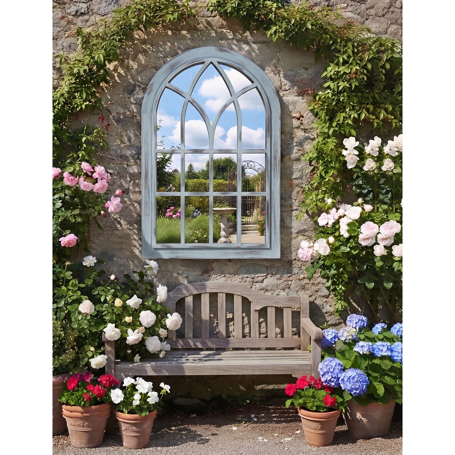 Biznest Arched Top Window Gothic Wall Mounted Mirror Grey Rustic Plastic Framed 73.5X48.5x2.5cm - Rustic - Grey