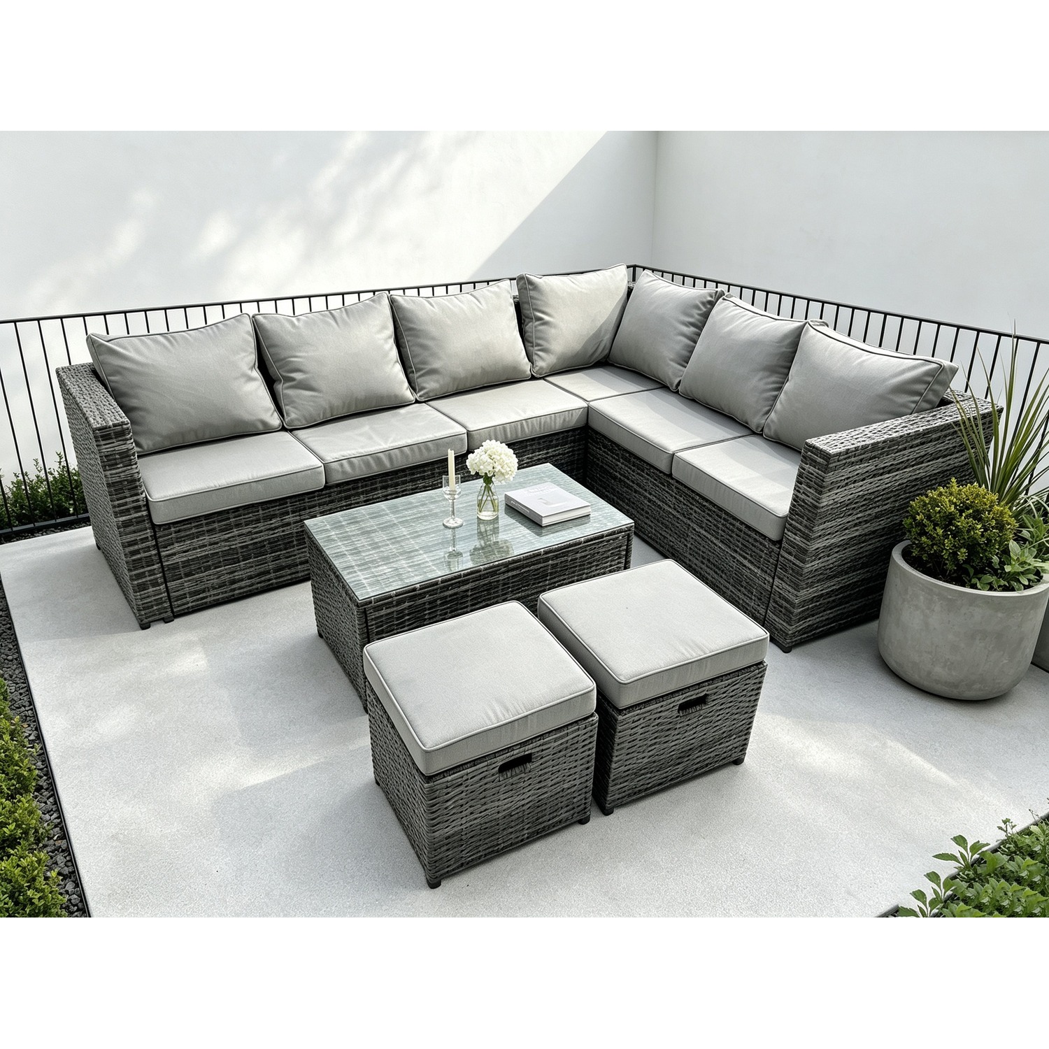 Fimous Dark/Grey 8 Seater Rattan Corner Sofa Set With Rectangular Coffee Table And 2 Stools - Image 2