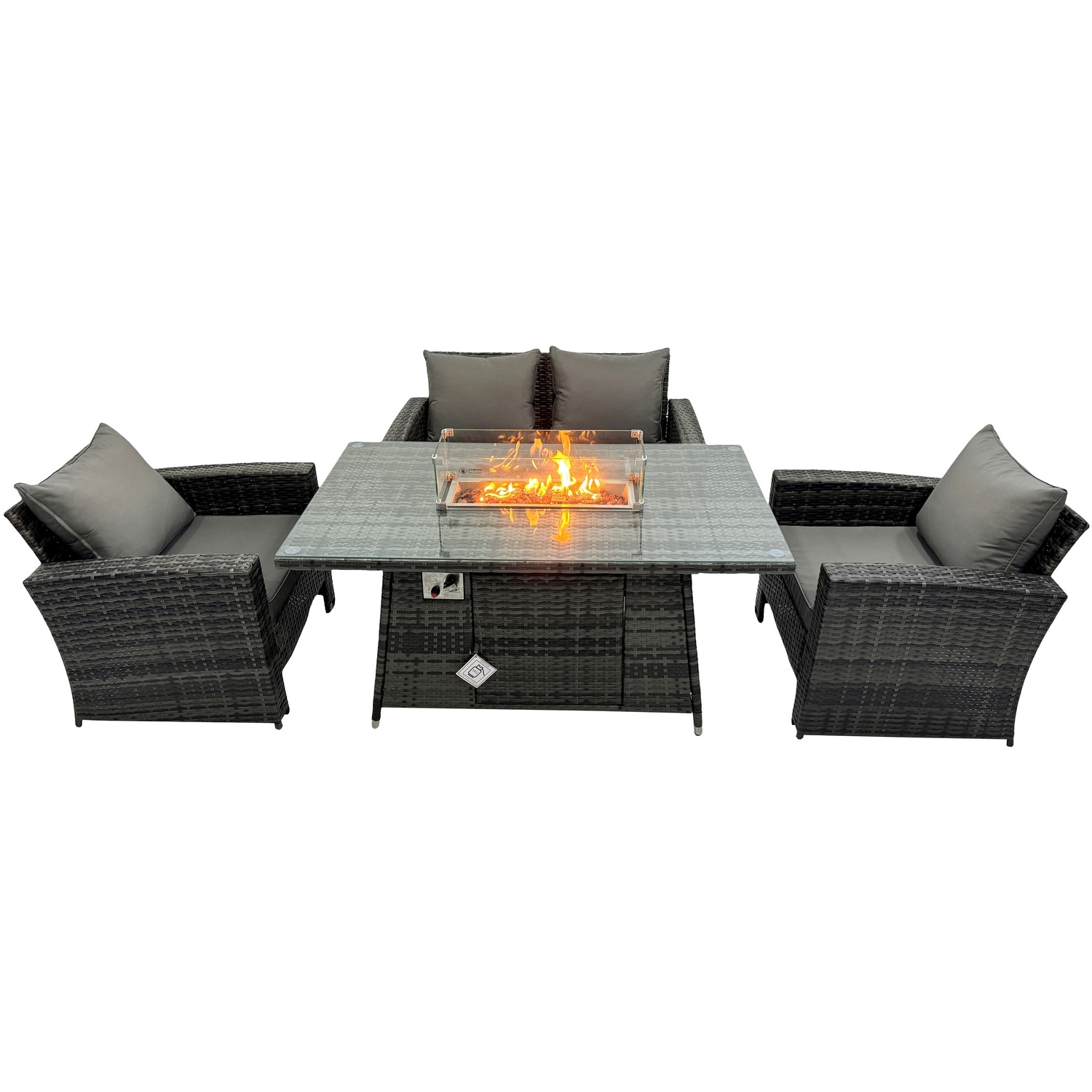 Fimous Dark/Grey Rattan Outdoor Furniture Gas Fire Pit Rectangle Dining Table Gas Heater Chairs Two Seater Love Sofa Sets 4 Seater - Image 2