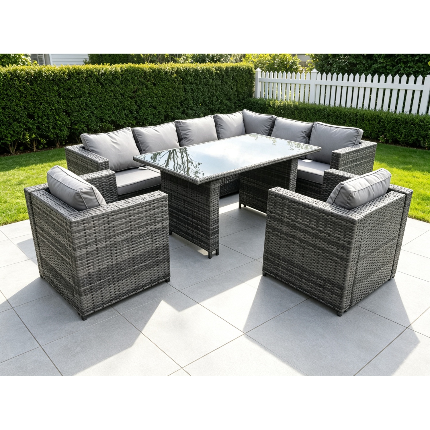 Fimous Dark/Grey Outdoor Lounge Rattan Corner Sofa Set Garden Furniture Rectangular Dining Table Chair - Image 2