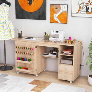 Costway Folding Sewing Table With Charging Station-Natural