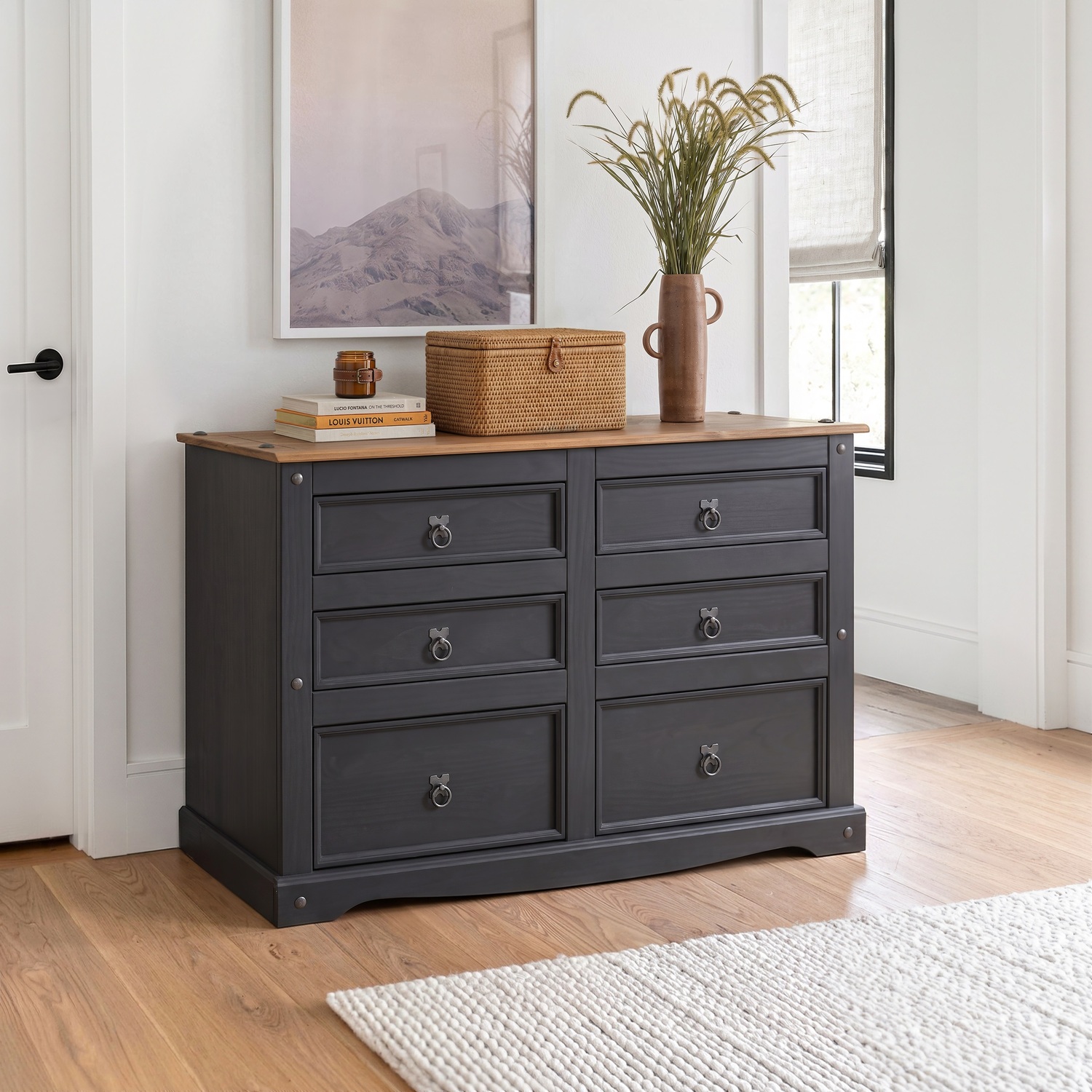 Mercers Furniture Corona Charcoal 3+3 Chest Of Drawers - Distressed Charcoal