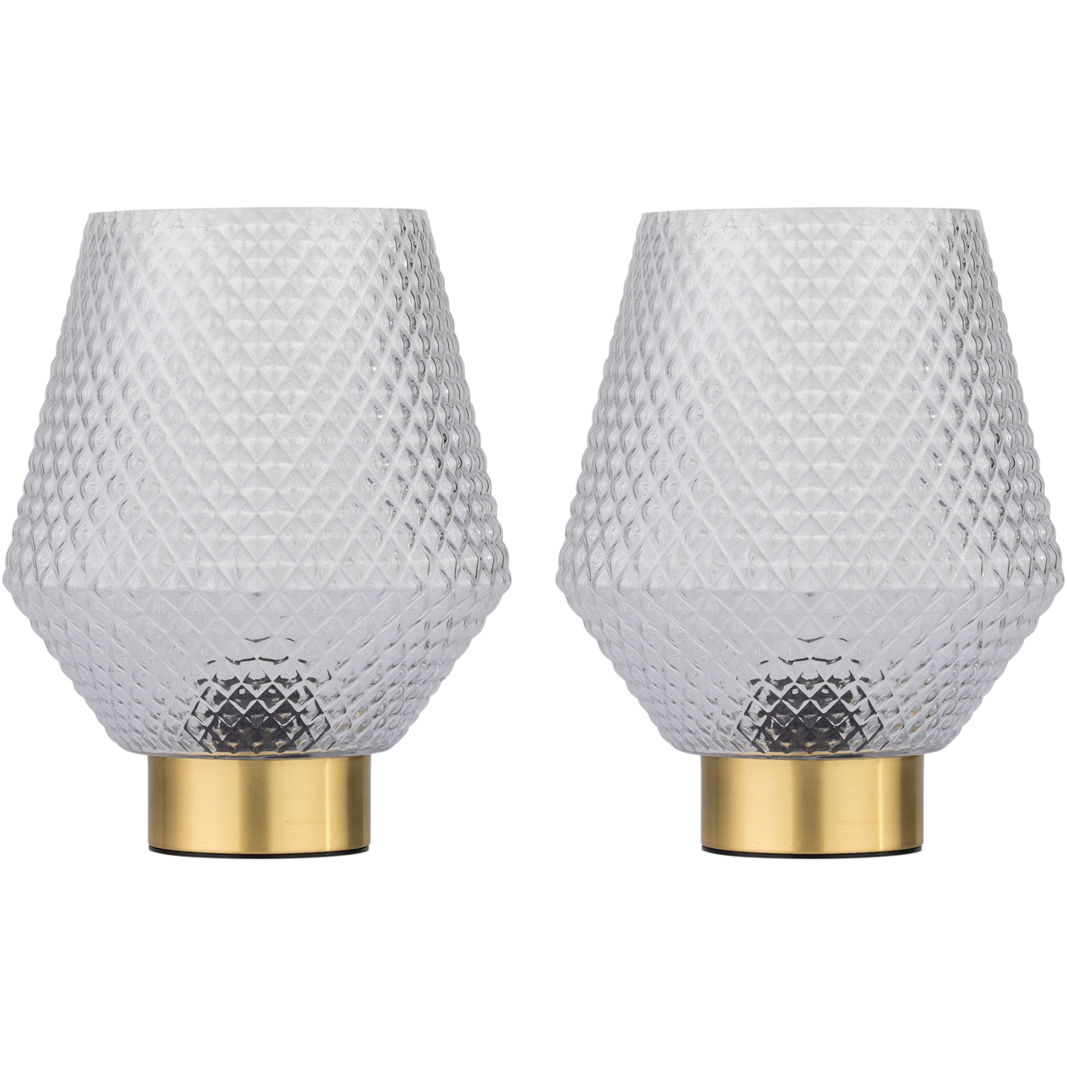 First Choice Lighting Set Of 2 Porter Battery Operated Satin Brass Lamps Clear Tex Glass - Brass & Clear