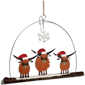 Shoeless Joe Highland Cows on Driftwood Hanger Christmas Decoration