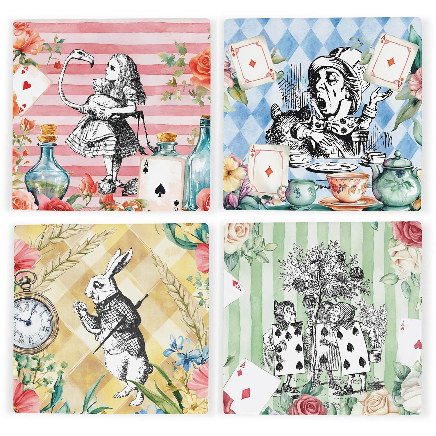 Purely Home Alices Adventures Coaster Set - Square Ceramic Wonderland Storybook Themed Set Of 4 Coasters - Multi - Image 3