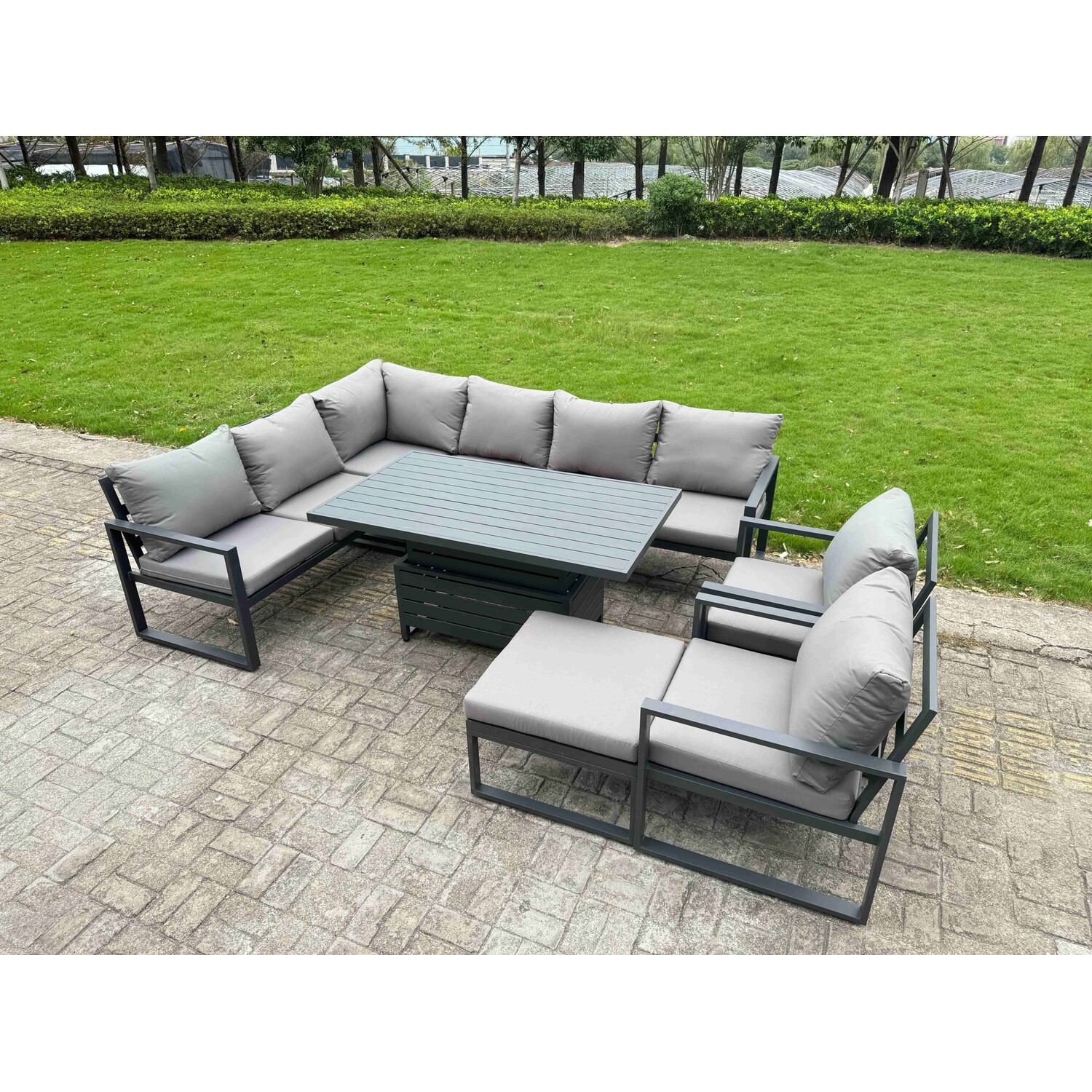 Fimous Aluminium Garden Furniture Sets,9 Seater Outdoor Conversational Dining Set With Adjustable Rising Lifting Dining Table Cushions For Yard,Poolsi - Image 3