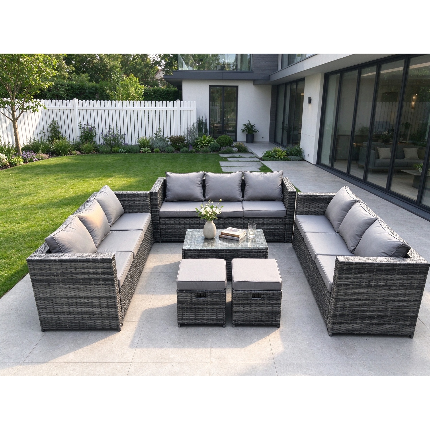 B&Q - Outdoor Lounge Sofa Set Wicker Pe Rattan Garden Furniture Set With Oblong Coffee Table 2 Small Footstools - Image 2