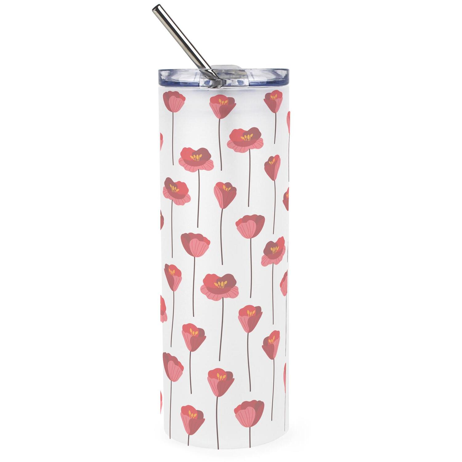 Purely Home Minimalist Poppies Frosted Glass Travel Flask With Straw