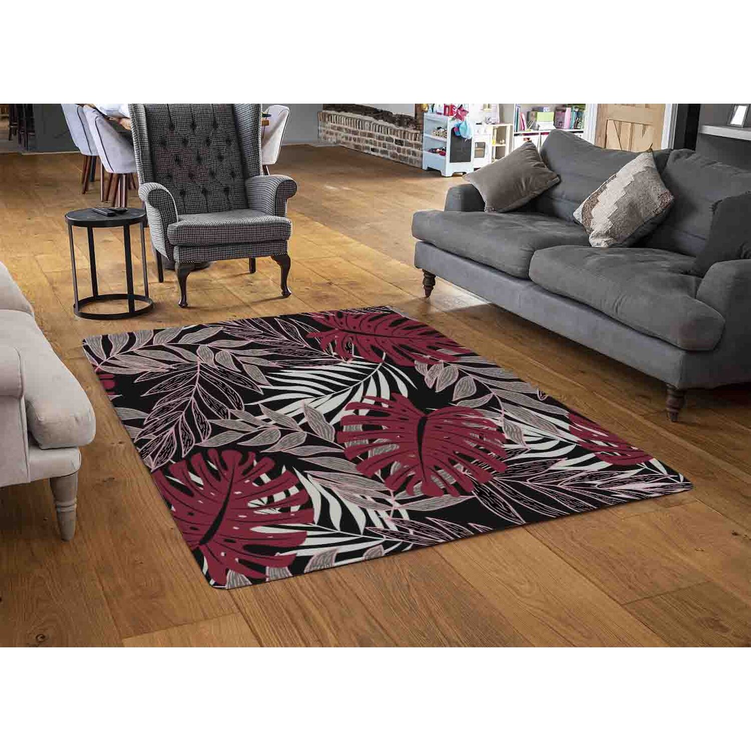Tropical Leaves In Red White  Grey Rug - Red / 150cm thumbnail