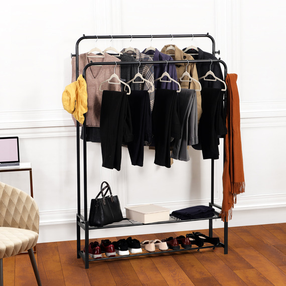  Freestanding Double Clothes Rail with Double Shoe Rack