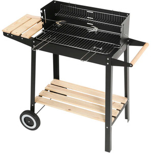 Rectangular Trolley Charcoal BBQ Grill with Shelves and Wheels