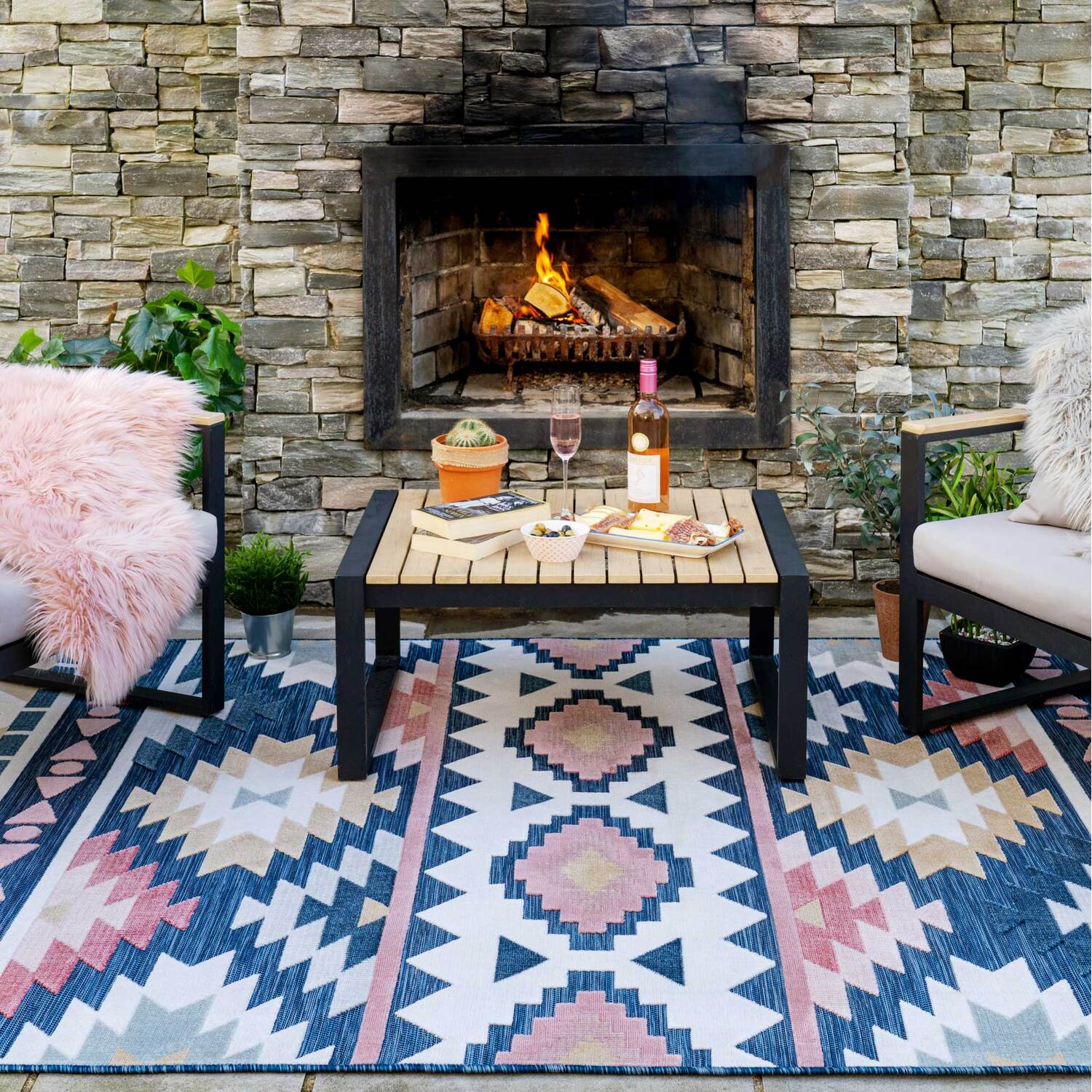 The Rug House - Blue Multicolour Aztec Geometric Textured Flatweave Indoor Outdoor Rug - Multicolour / 330 x 230cm thumbnail