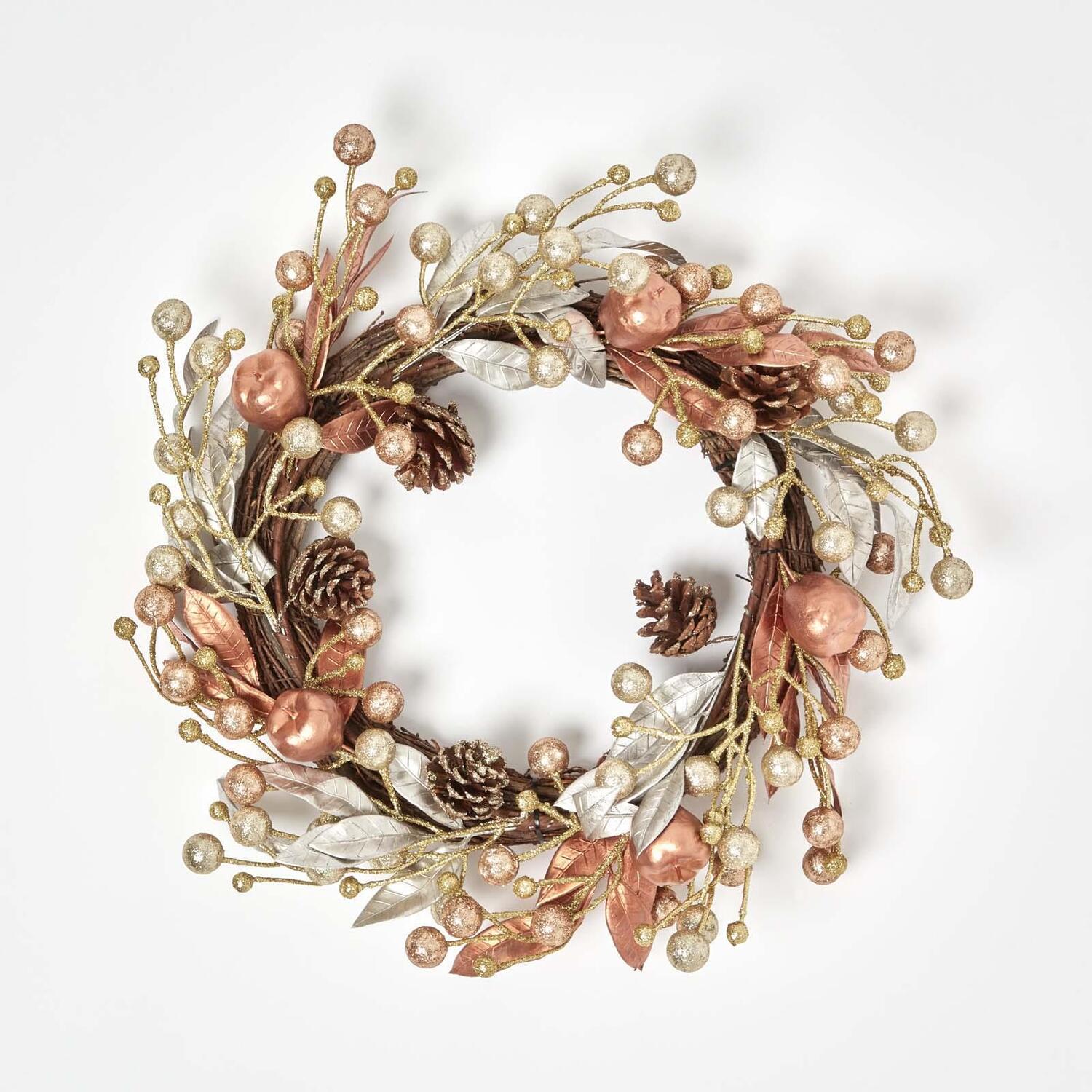 Homescapes Champagne Pinecone  Apple Christmas Wreath - Champagne and Bronze