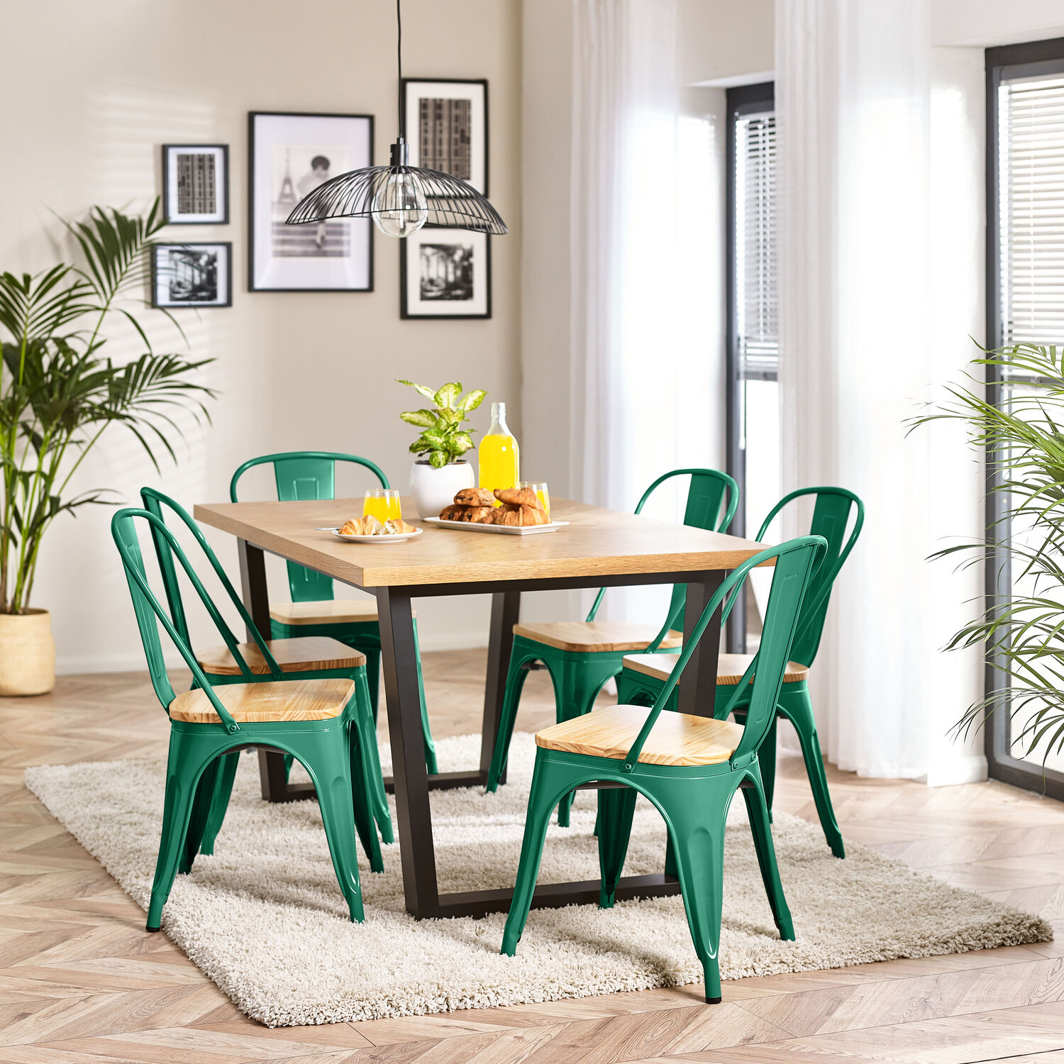 FurnitureboxUK - Cotswold Oak Black Leg Dining Table And 4 Colton Wooden Seat Metal Chairs - Green thumbnail