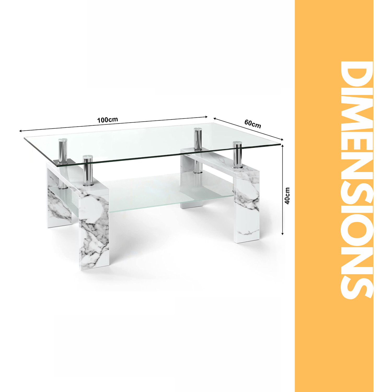 2 Tier Glass Coffee Table Marble Effect - White
