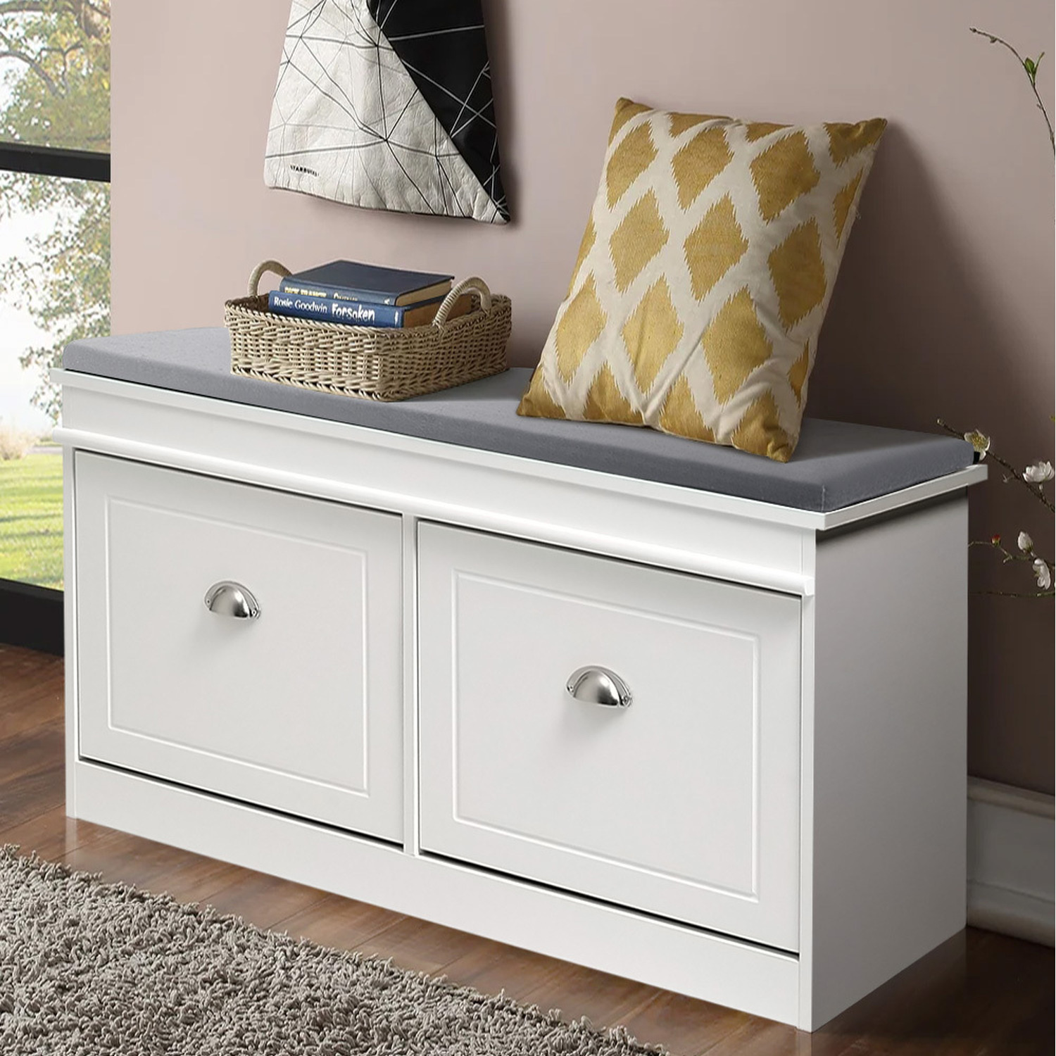 Flip Down Shoe Bench Cabinet - White