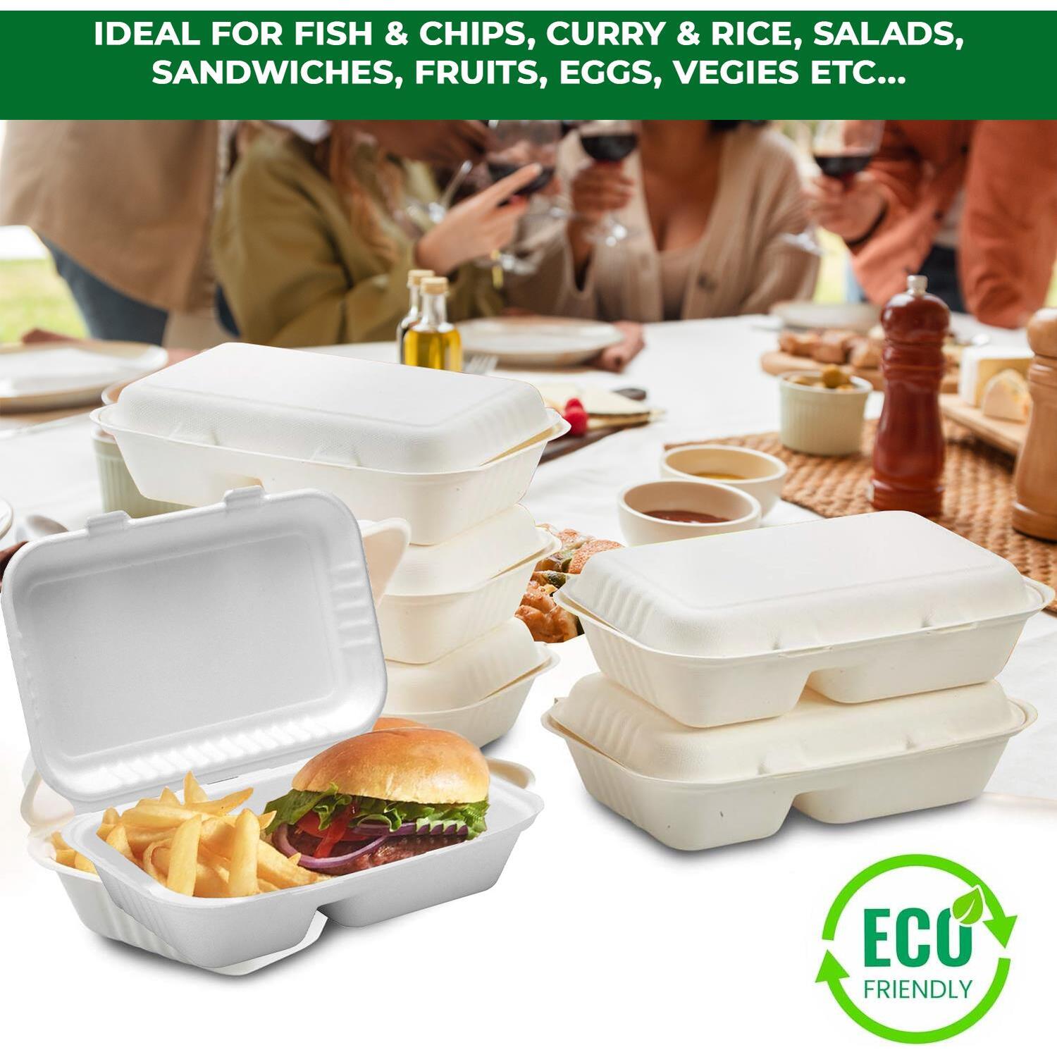 2 Compartment Disposable Bagasse Clamshell Takeaway Boxes