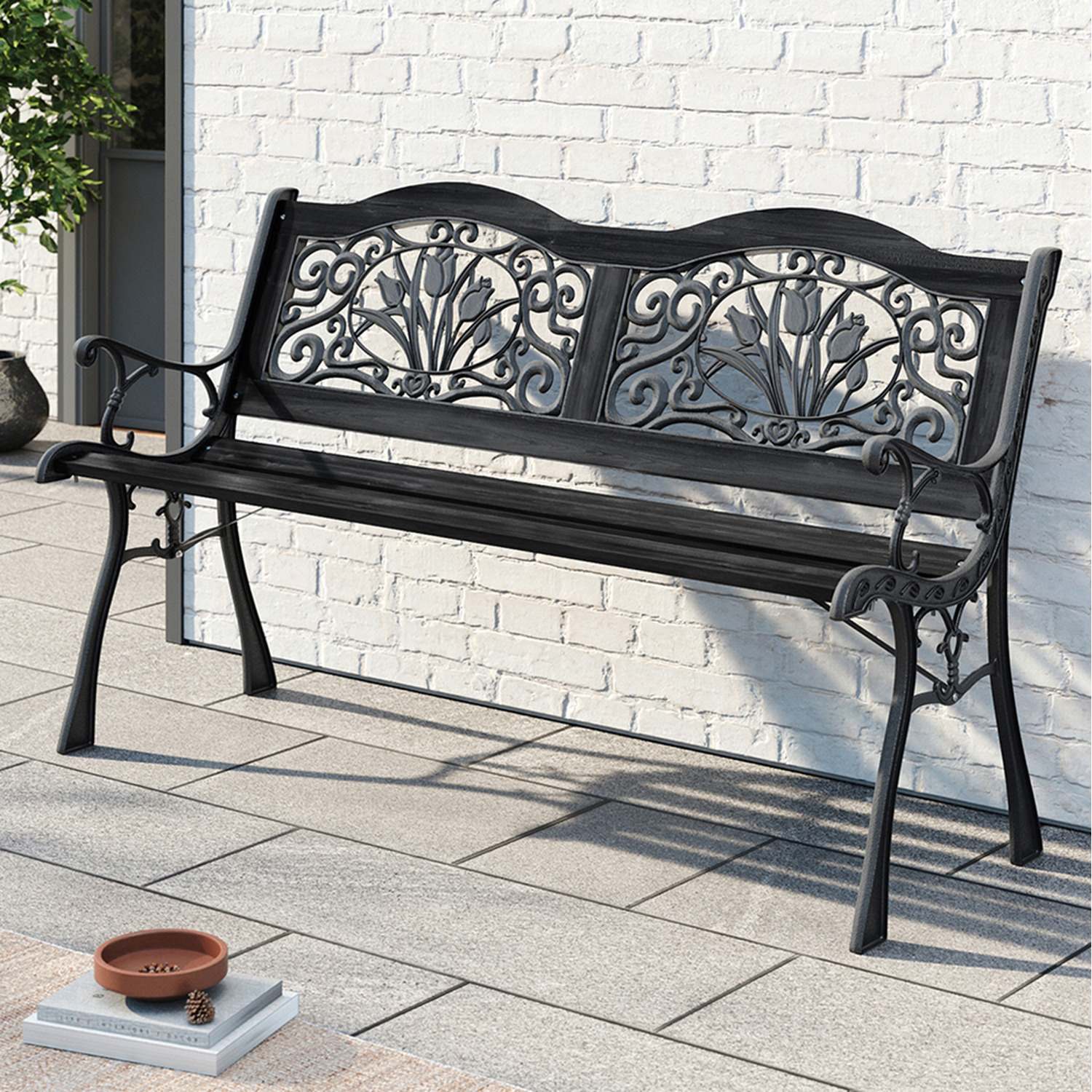 Metal Wood Outdoor Garden Bench For Patio - Black Ironwood