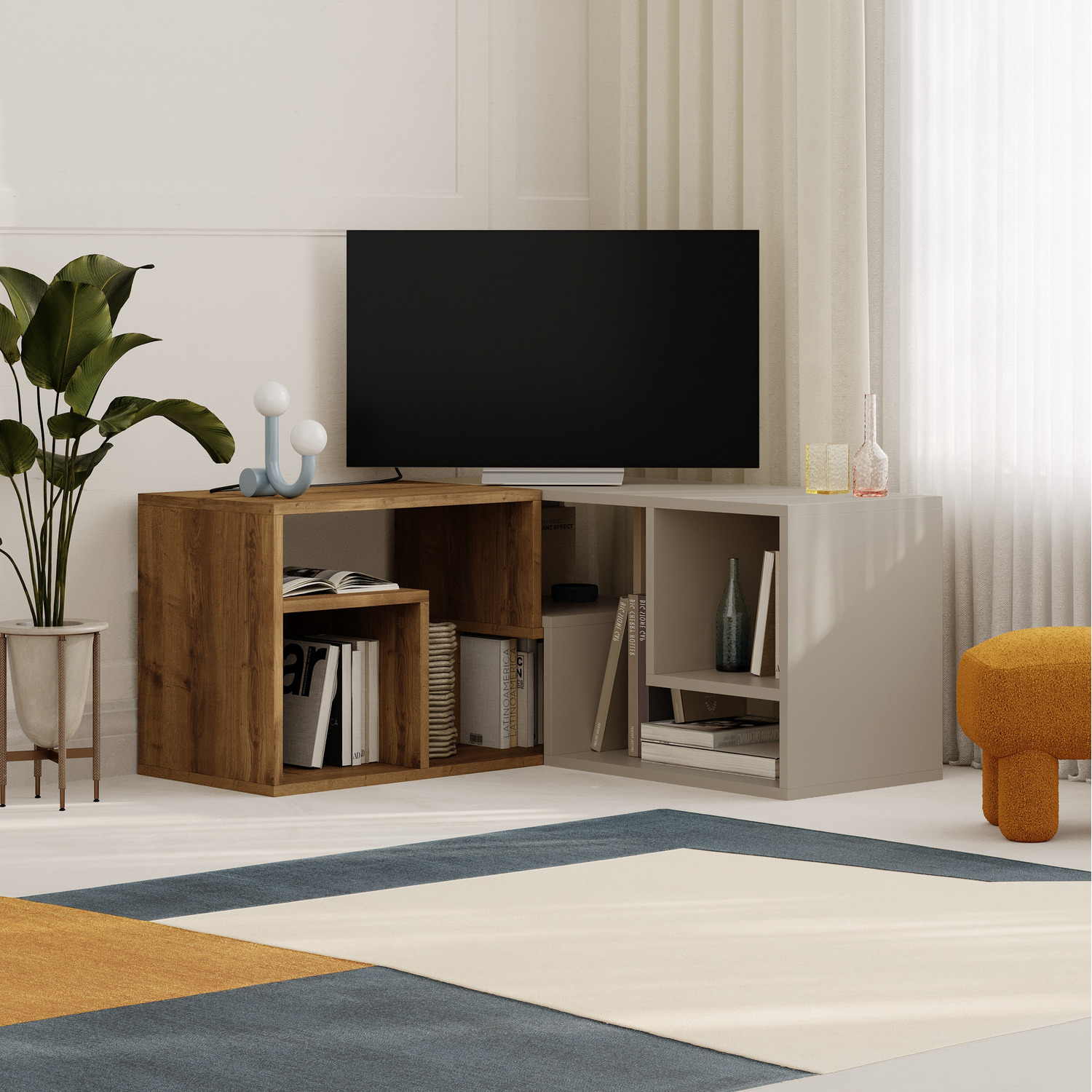 Glis Modern Corner TV Unit with Adjustable Shelves - Dark Oak - Sandstone