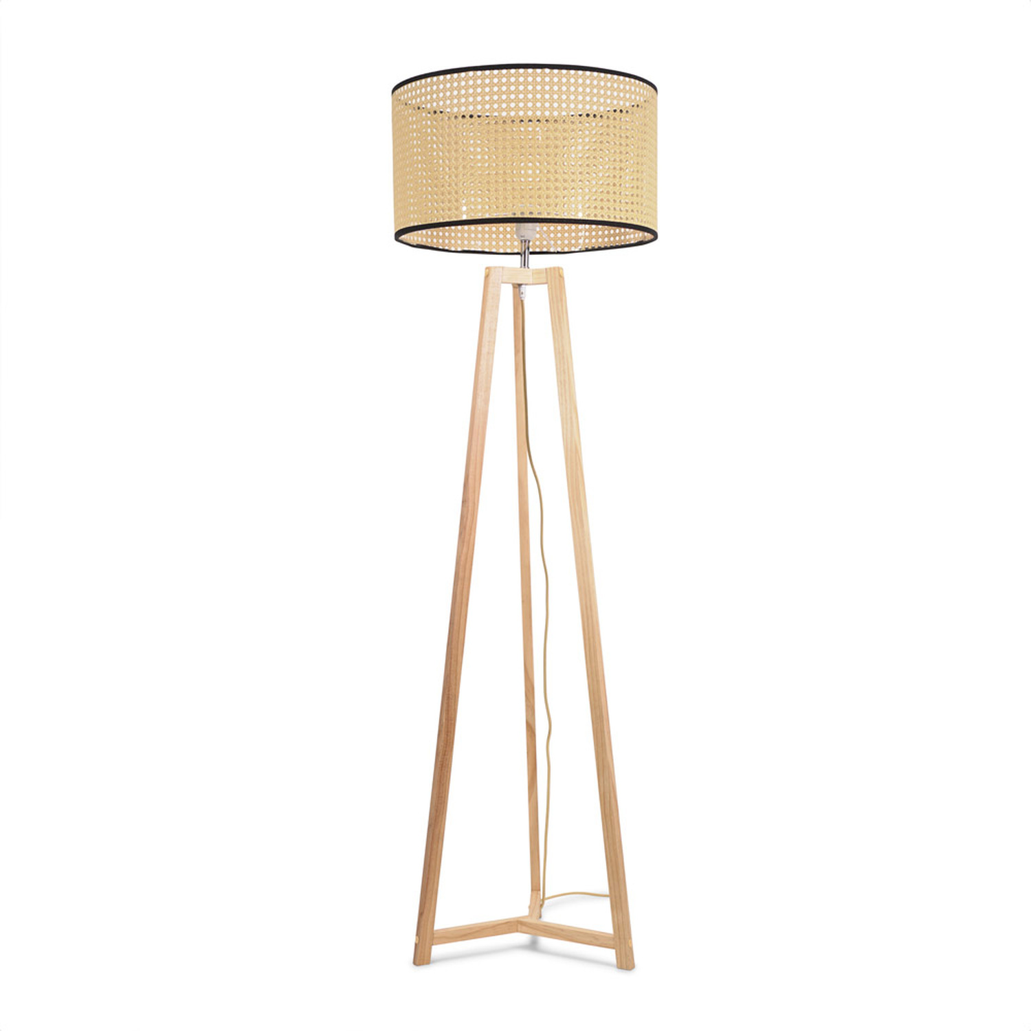Lottie Natural Wood Tripod Floor Lamp with Cane Rattan Shade and LED Bulb - Yellow