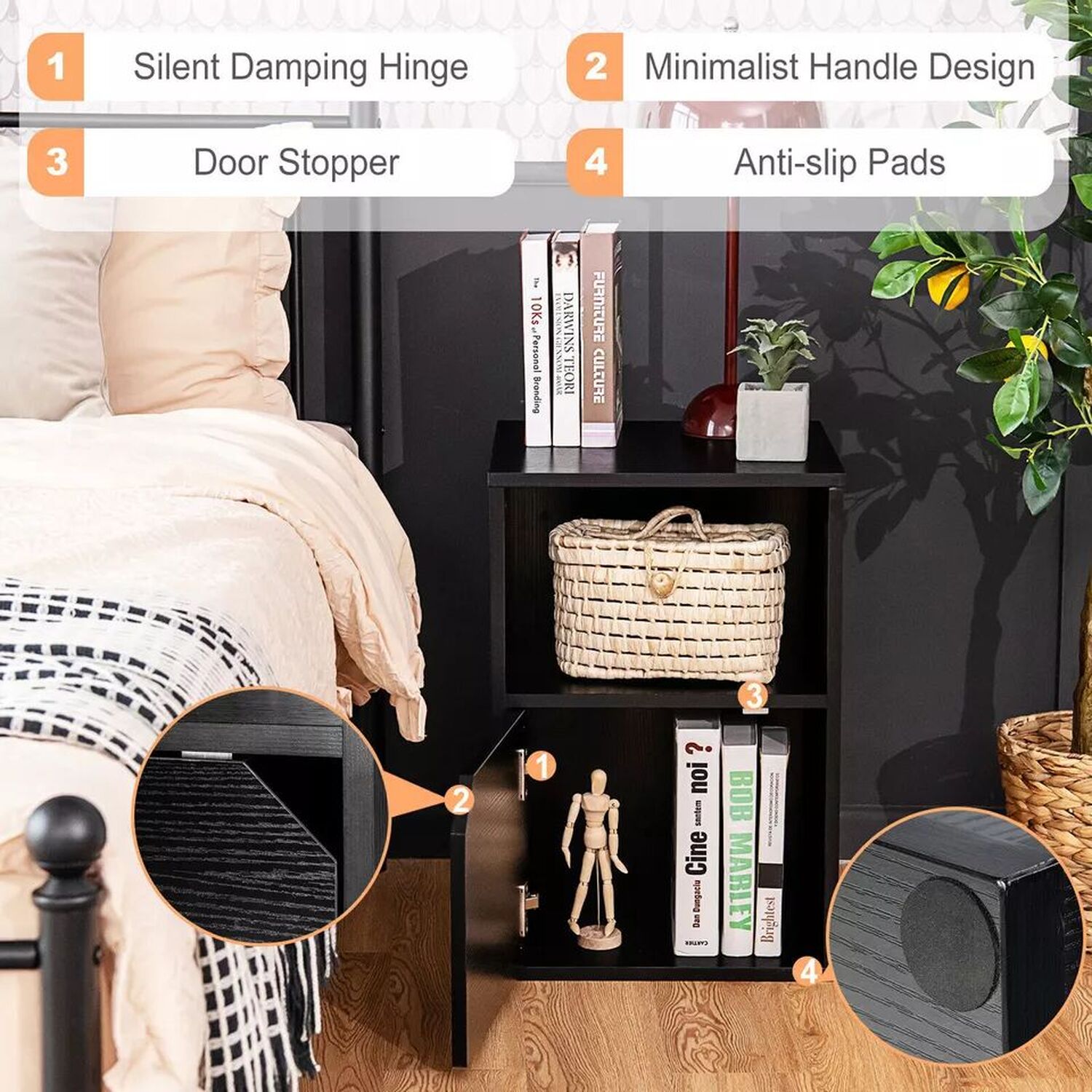 Pair Of Black Storage Bedside Tables - Black