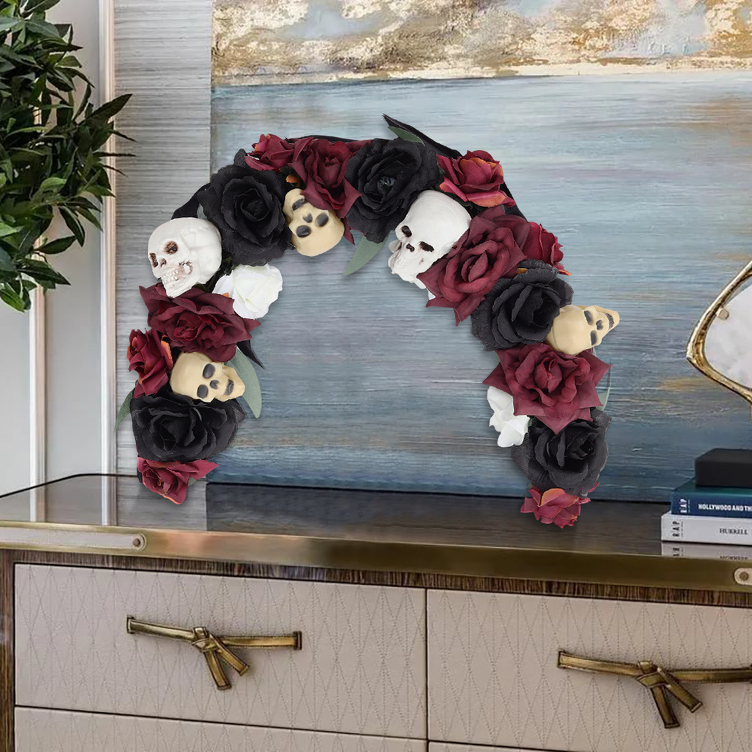 Halloween Hanging Rose Arch Wreath with Skull Decoration - Black+Red+White
