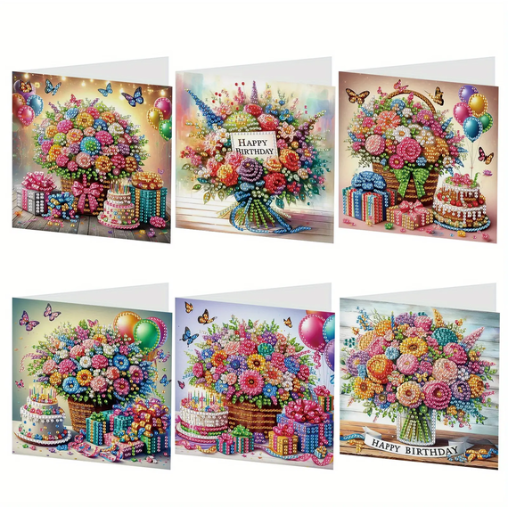 Pack of 6 Bouquet Birthday Diamond Art Card Kit
