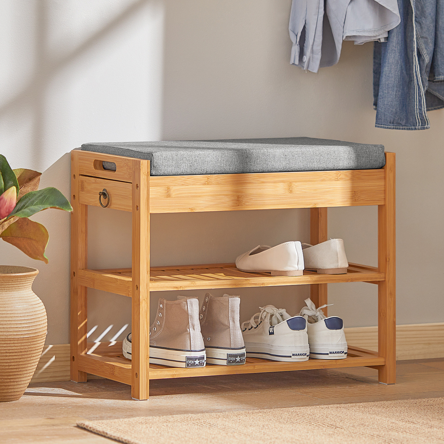 SoBuy 2 Tier Bamboo Shoe Rack Hallway Storage with Seat Cushion - Brown