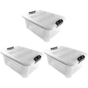 Set of 3 Plastic Secure Clip Lidded Storage Boxes