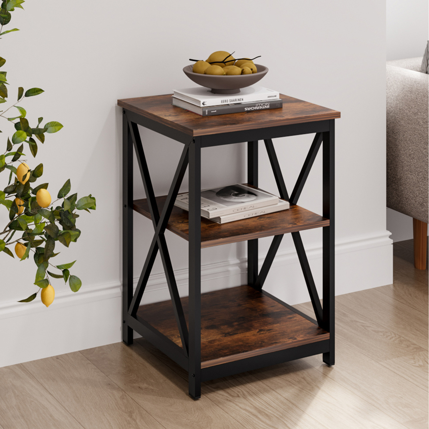 Livingandhome Rustic Side Table - Rustic Wood / 40Cm
