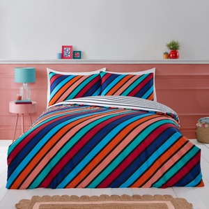 Oxford Stripe Microfibre Fabric Reversible Duvet Cover Set with Pillowcase