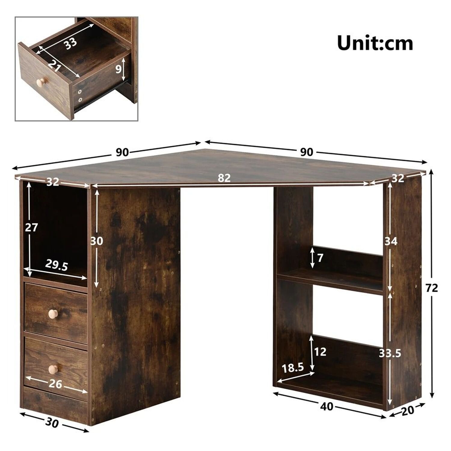 Triangle Corner Desk With Drawers - Brown