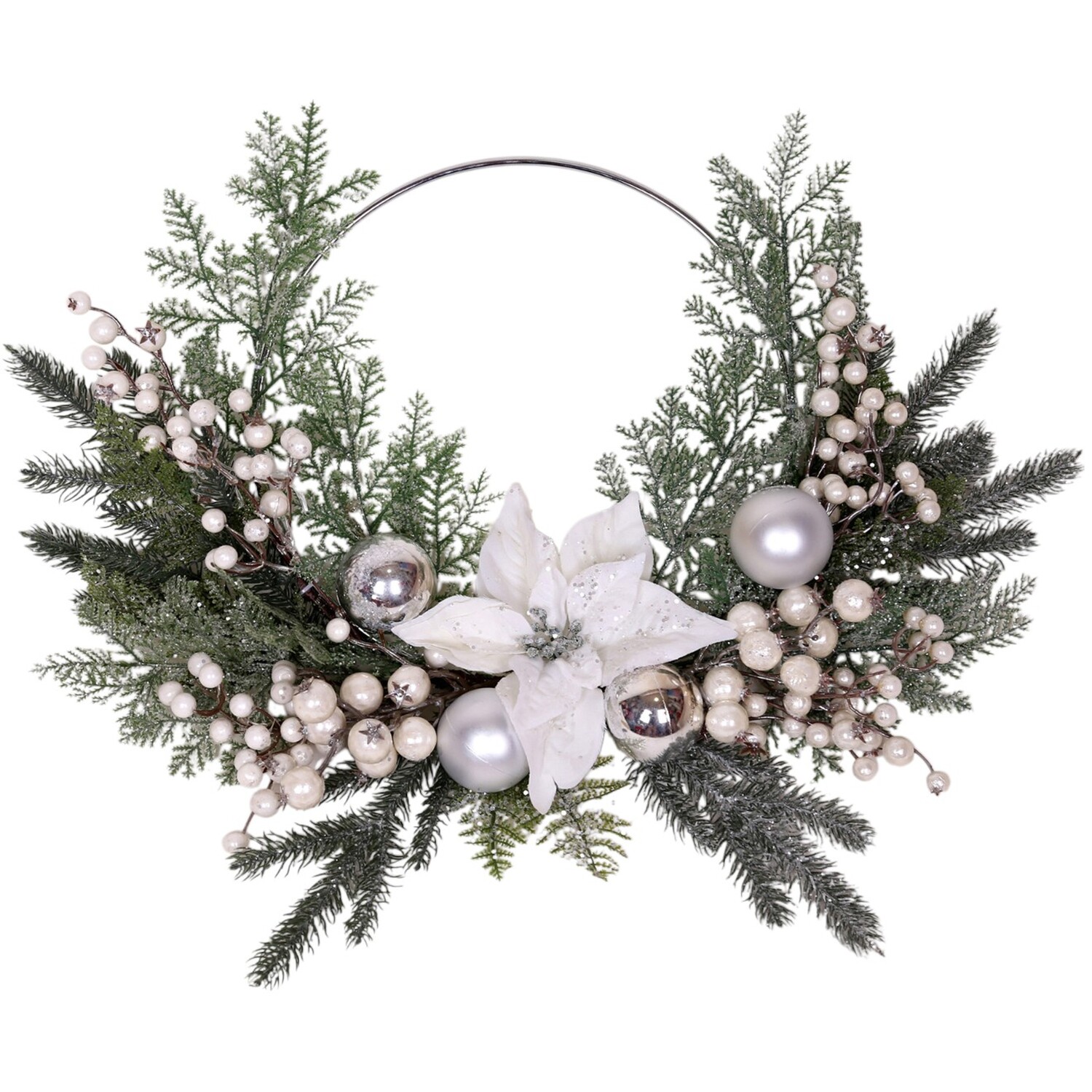 White Poinsettia Bauble Hoop Wreath