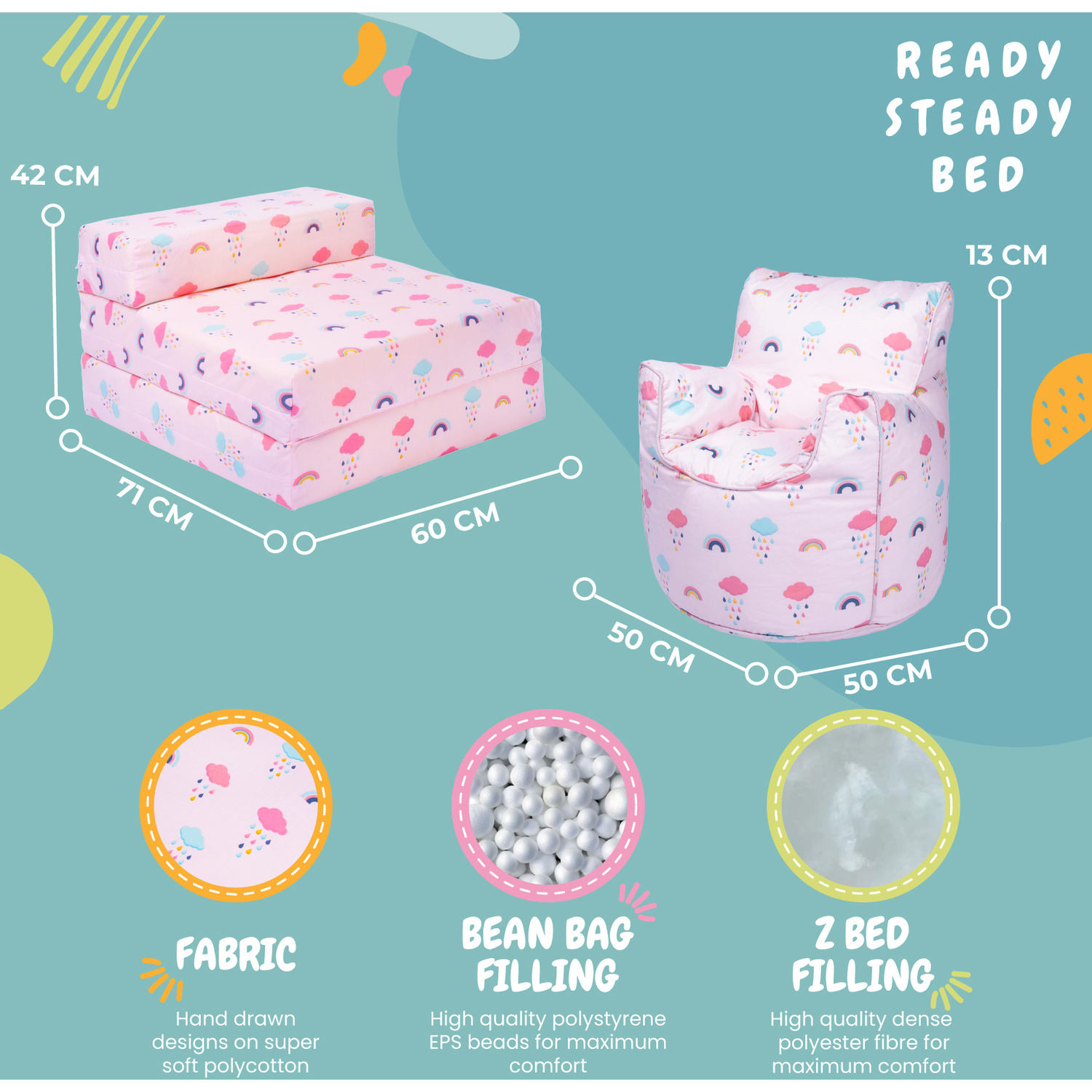 Printed Kids Bean Bag Armchair And Folding Z Bed Mattress - Rainbow