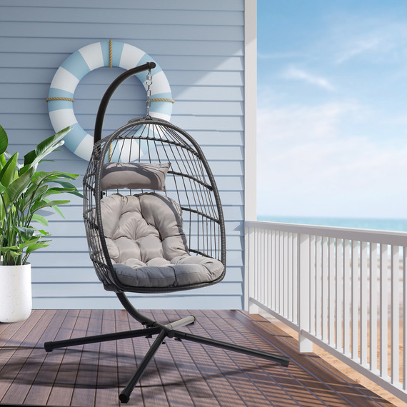 Foldable Swing Chair Rattan Hanging Egg Chair with Cushion Stand