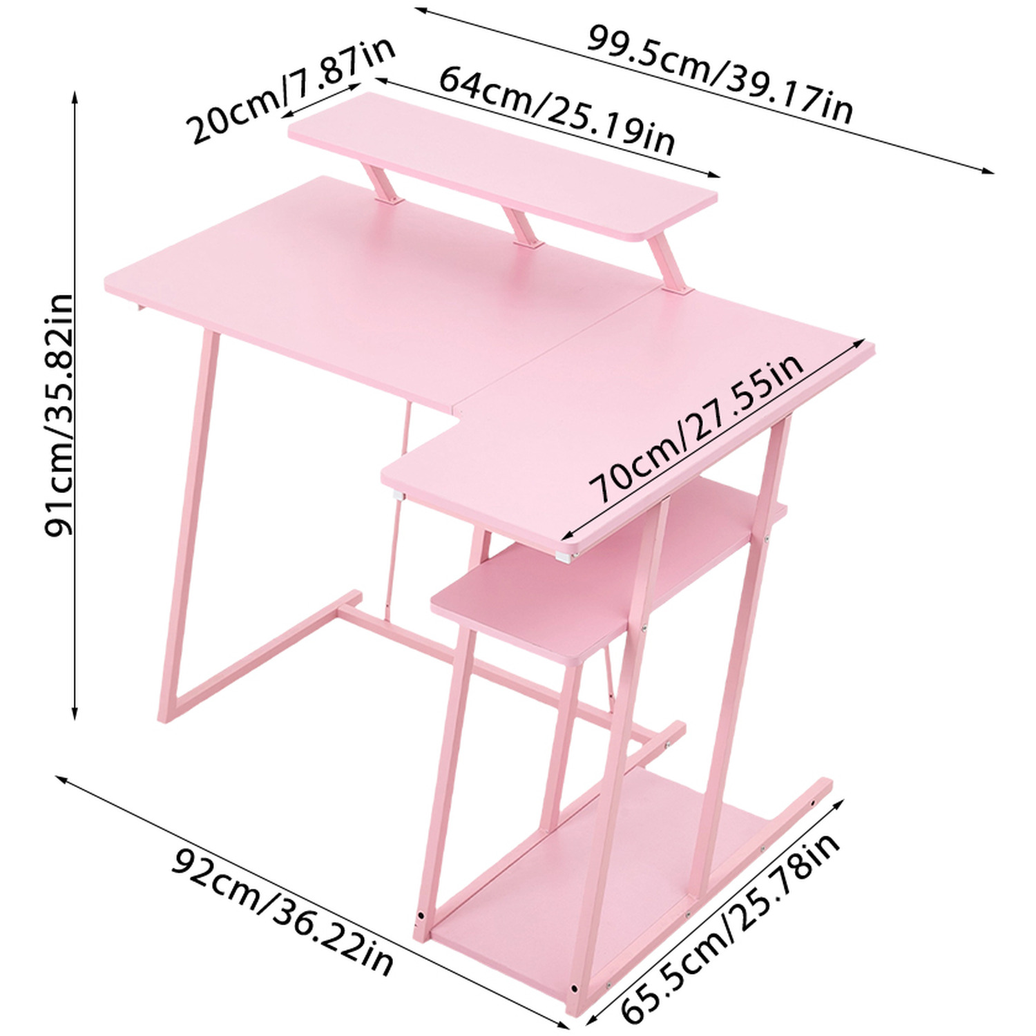 L-shaped Gaming Desk With Monitor Stand And Headphone Hook - Pink