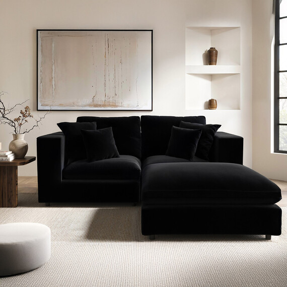 Asher 3 Seater Sofa with Footstool - Black Velvet
