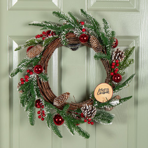 Christmas Pinecone Wreath with Red Berries and Baubles