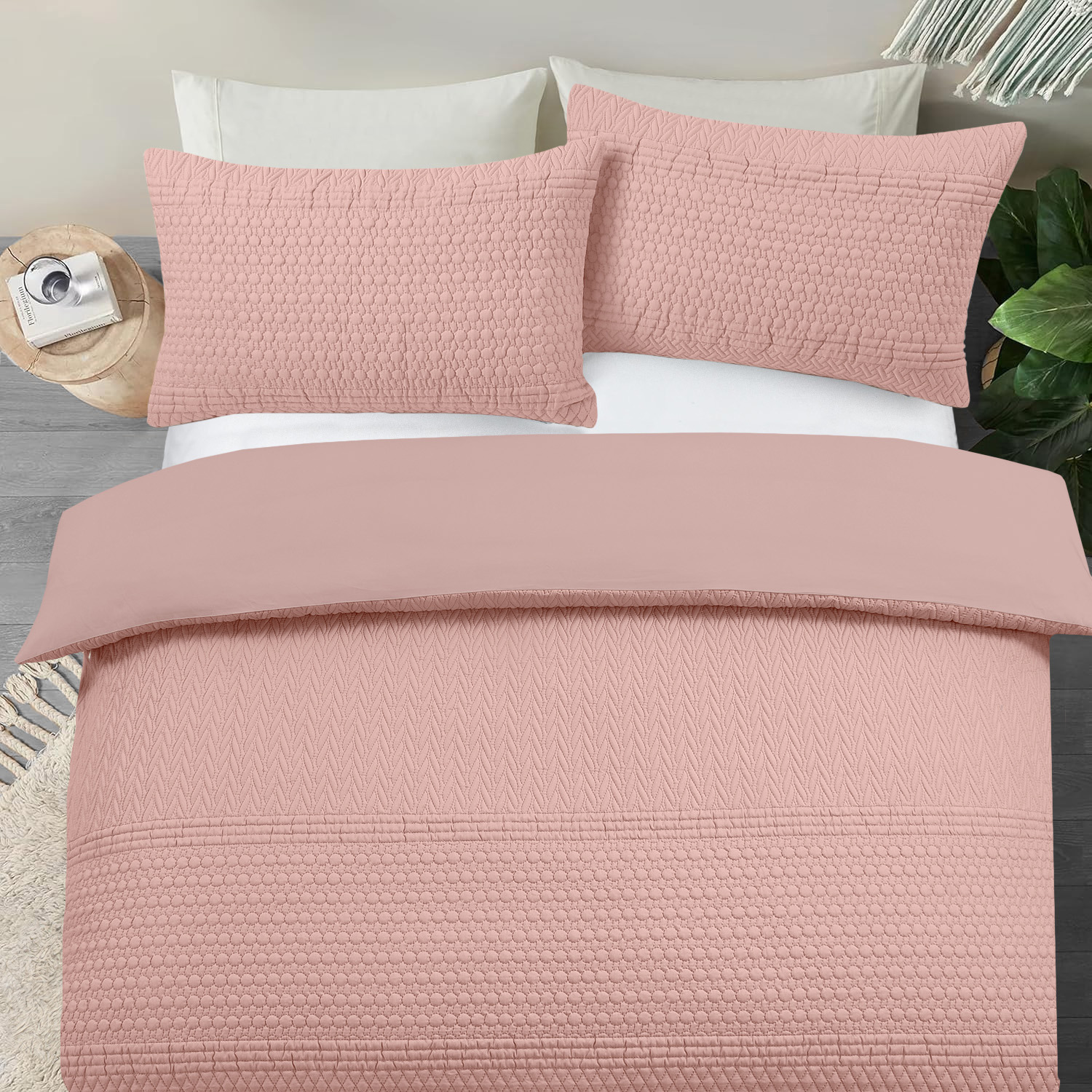 3d Embossed Allover Pattern Duvet Set - Pink Superking