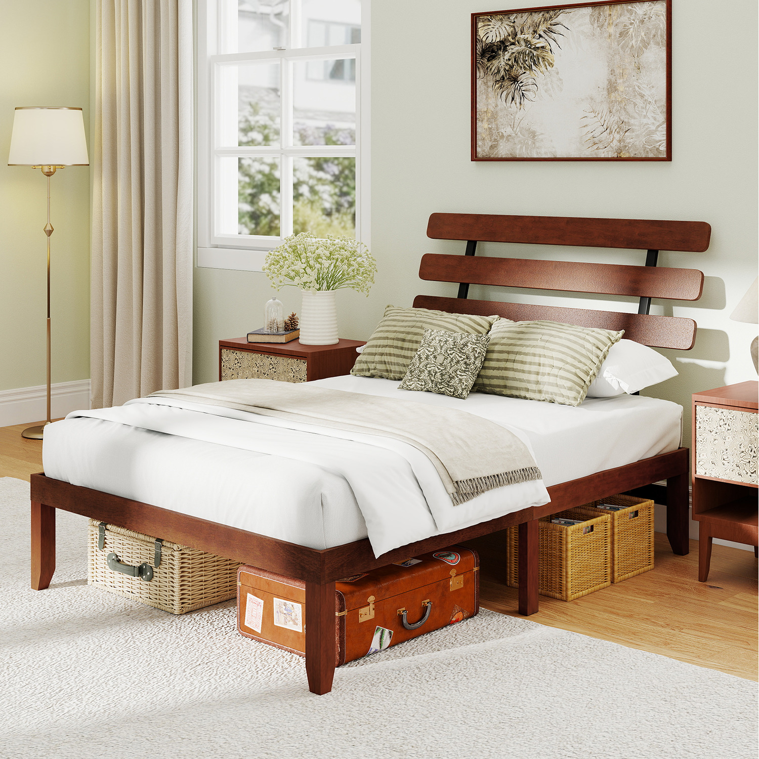 Solid Wood Platform Bed With Retro Headboard - Brown Double