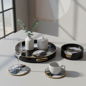 Round Black Abstract Tray and Drink Coasters Set