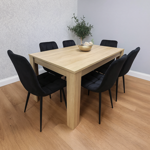 Oak Kitchen Dining Table and 6 Black Tufted Velvet Chairs Dining Set