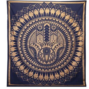 Double Cotton Bedspread  Wall Hanging - Hamsa Blue Gold Art