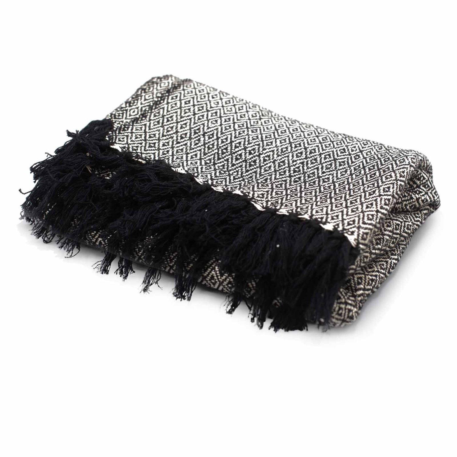 Boho Charcoal Cotton Throw With Tassels For Cozy Home Decor - Black