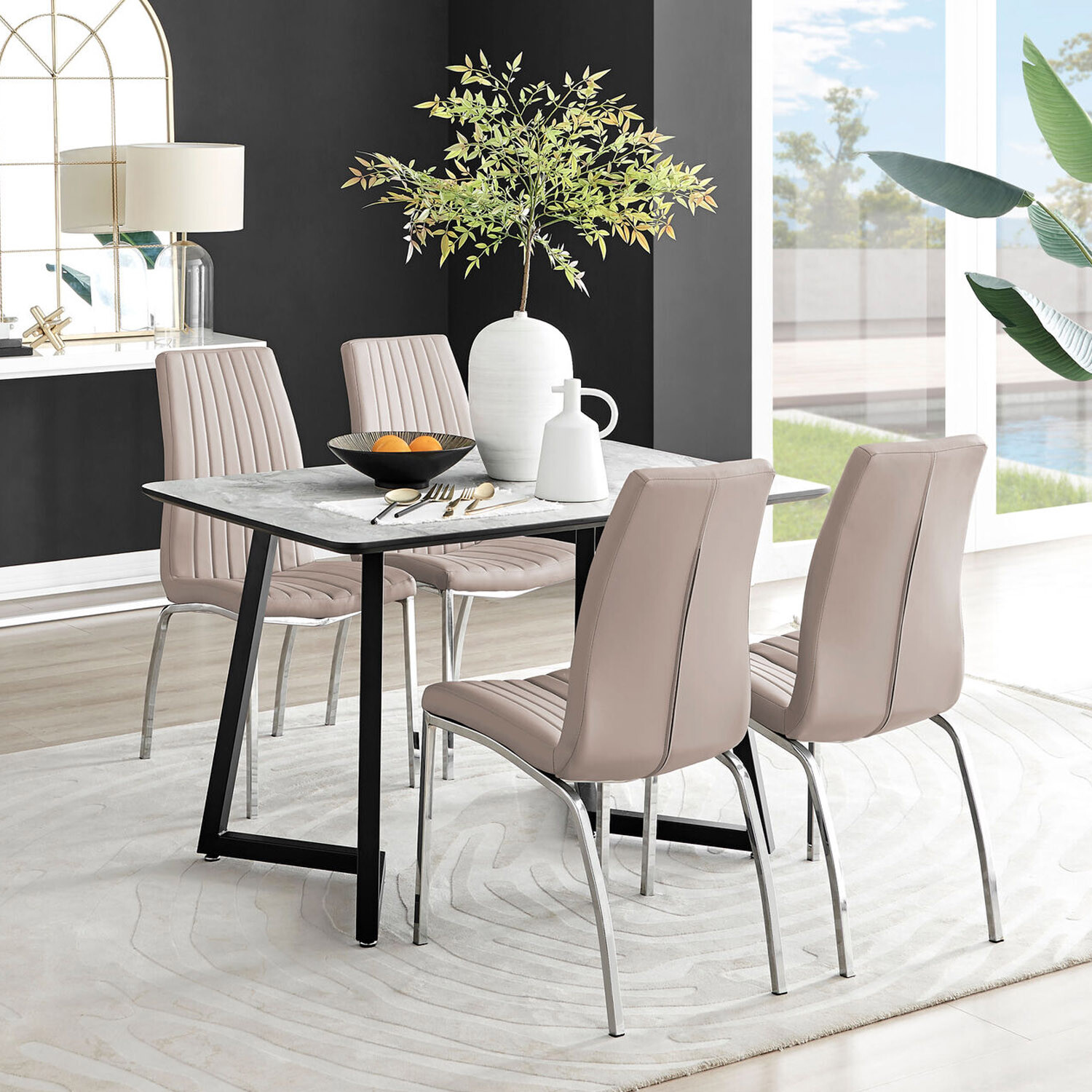Carson White Marble Effect Dining Table and 4 Isco Chairs - Cappuccino