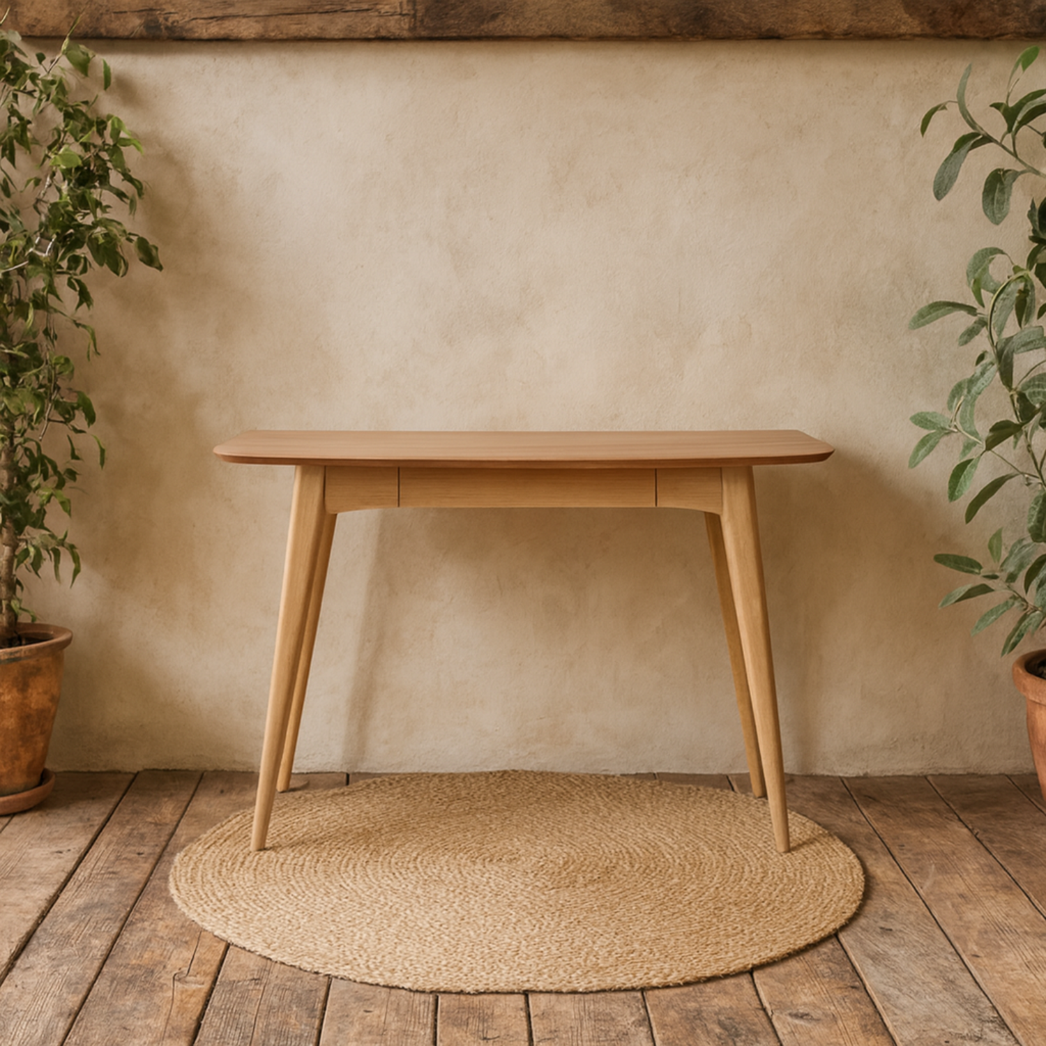 Milan Oak Veneer Desk with Drawer, White Pigmented Top and Solid Oak Base - White pigmented oak veneer top